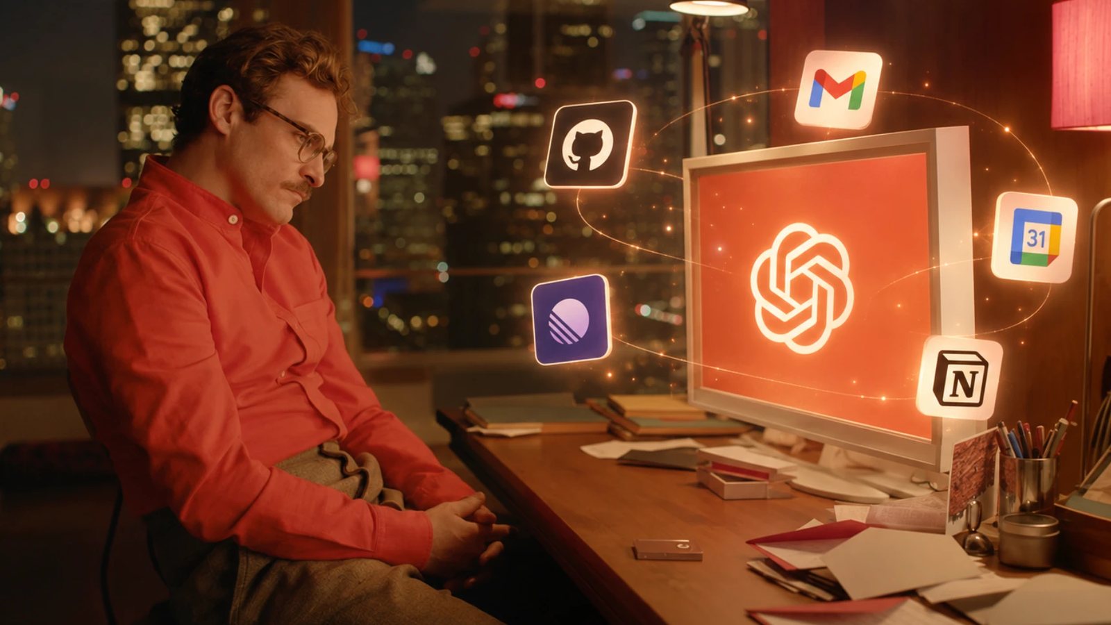 Un hombre de camisa roja frente a una computadora con el logo de ChatGPT, rodeada de los íconos de GitHub, Gmail, Google Calendar, Linear y Notion.